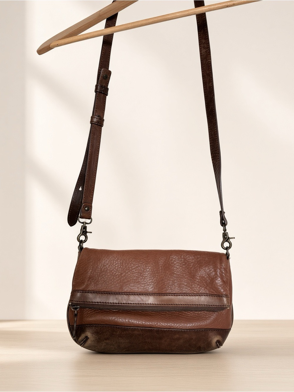L.L. Bean Signature Pebbled Leather Foldover Crossbody Bag Cognac Brown